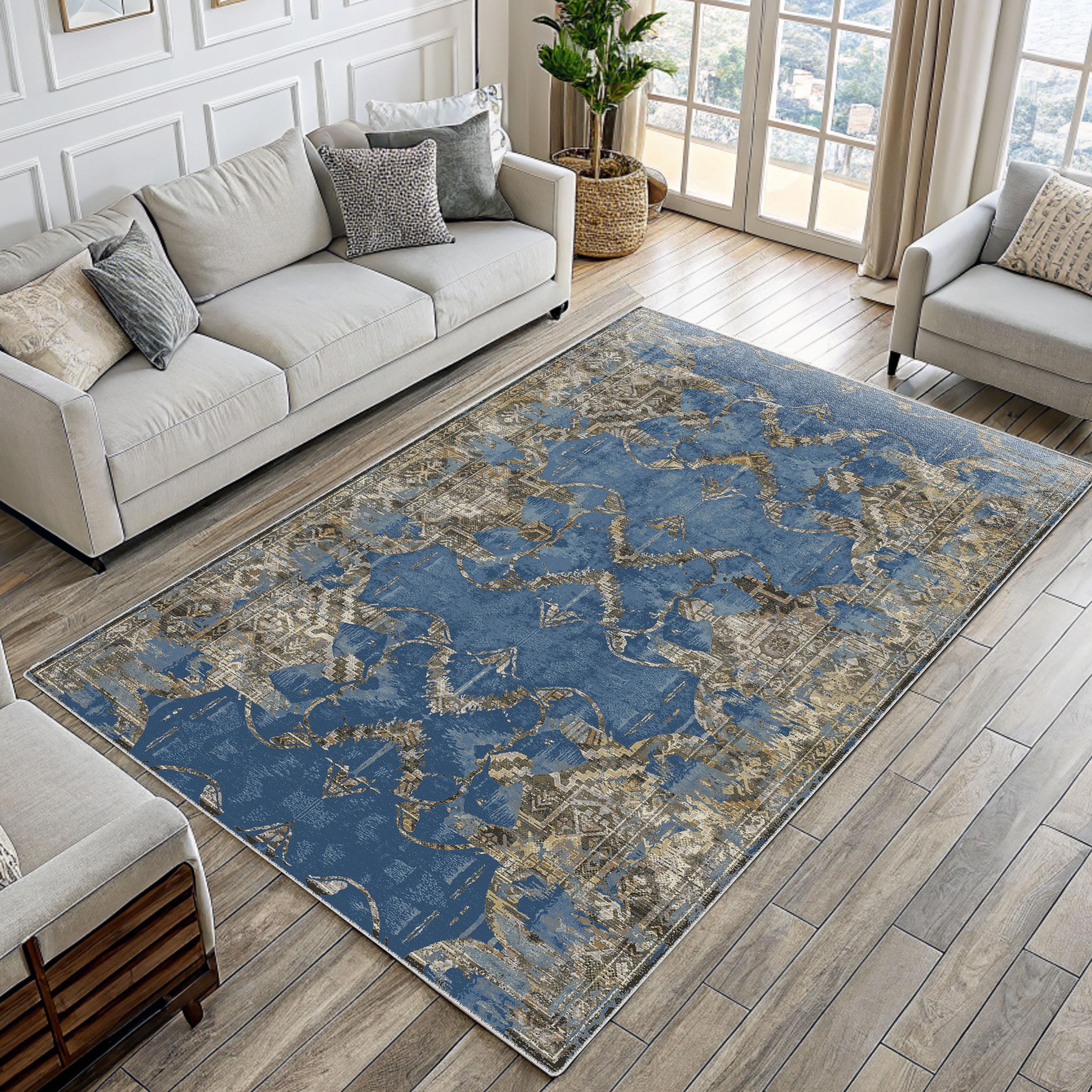 Abstract Blue and Gray Area Rug: Distressed Vintage Style, Washable - Etsy