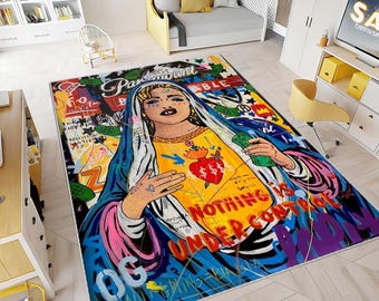 Popart Rug, Street Art Rug, Garffity Rug, Pearl Earring Girl, Area Rug,Living Room Rug,Modern Rug,Personalized Rug,Popular Rug, Colorful Rug