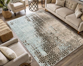 Modern Maze Design Area Rug: Soft Blue, Brown, and Beige