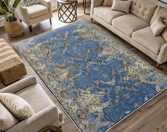 Abstract Blue and Gray Area Rug: Distressed Vintage Style, Washable