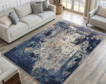 Navy Blue Beige Distressed Vintage Rug: Abstract Boho Style