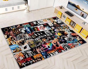 70s Album Covers, Rock and Roll Music, Poster Collage Rug, Classic Rock Band Area Rug, Vintage Music Room Decor, Retro Band Posters Carpet