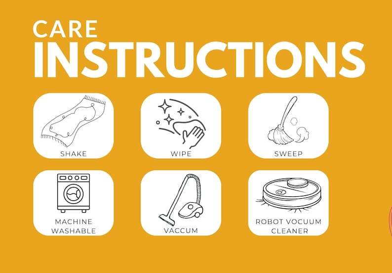 Puede incluir: Imagen con instrucciones de cuidado. Las instrucciones incluyen iconos para sacudir, limpiar, barrer, lavar a m&aacute;quina, aspirar y usar un robot aspirador. El texto "CARE INSTRUCTIONS" est&aacute; en la parte superior.