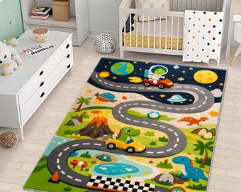 Dinosaur Space Race Track Rug, Kids Play Carpet for Nursery, Educational Boys Room Area Rug, Astronaut Dino Galaxy Road Map Play Mat
