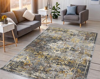 Gray & Golden Houndstooth Area Rug: Modern Monochrome Cotton Carpet