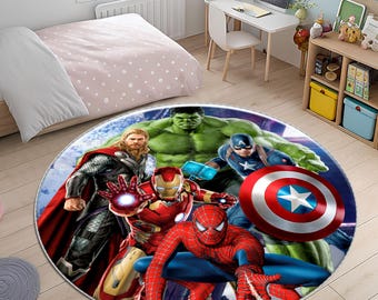 Super Hero Rug, Avengers Round Rug, Spiderman Rug, Ironman rug, Hulk rug, Super Hero Rug, Cartoon Superhero Round Rug , Play Room Decor Rug
