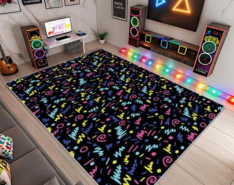 Retro Arcade Gamer Rug: Colorful Geometric Playroom Area Rug