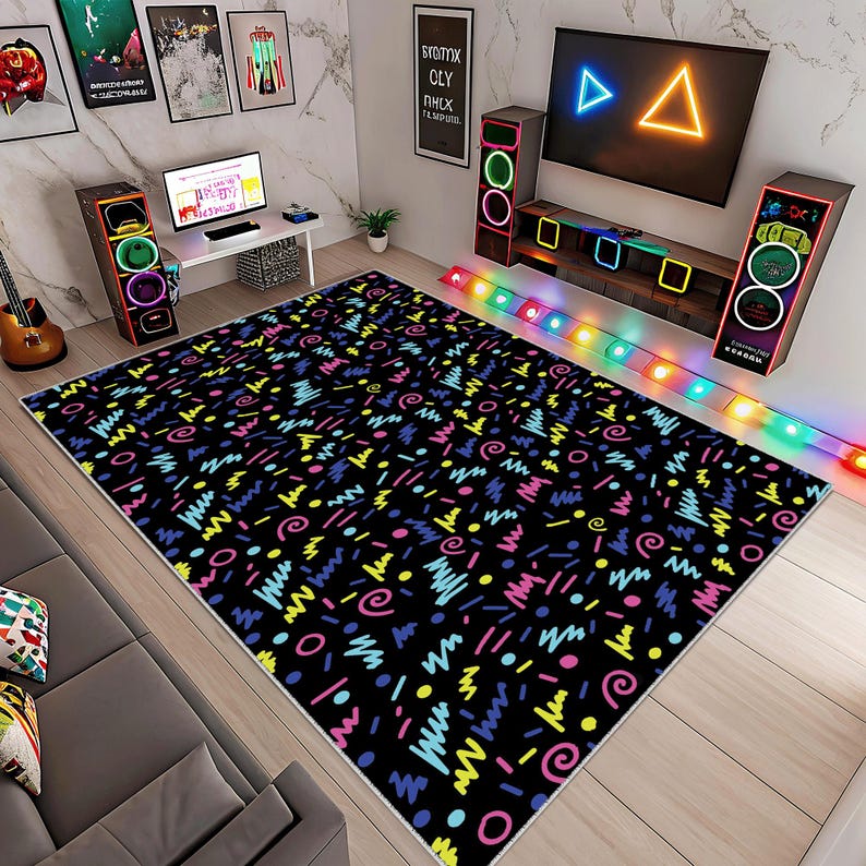 Retro Arcade Gamer Rug: Colorful Geometric Playroom Area Rug - Etsy