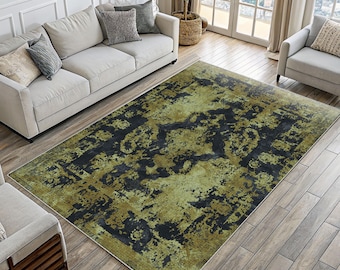 Modern Abstract Green and Black Area Rug: Distressed Boho Carpet