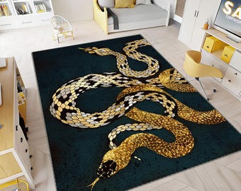 Snake Rug, Gold Detail Rug, Animal Rug, Snake Pattern Rug, Colorful Rug, Home Decor, Area Rug, Aesthetic Rug, Rugs for Living Room