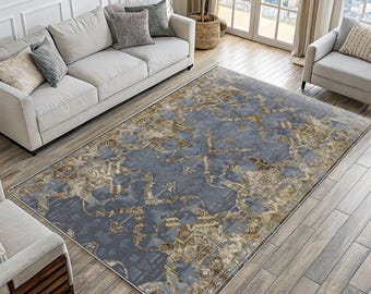 Gray Blue Double Sided Rug: Neutral Boho Distressed Area Carpet