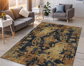 Modern Rustic Abstract Area Rug: Navy Blue & Burnt Orange Distressed Carpet