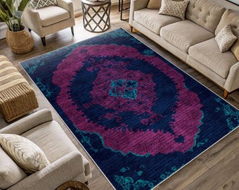 Boho Medallion Area Rug: Navy Blue & Magenta Floral Carpet