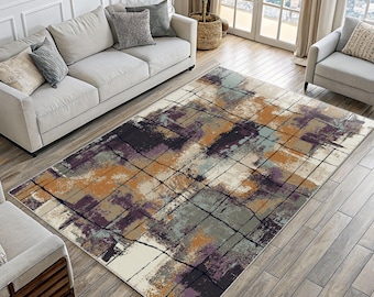 Abstract Grid Area Rug: Modern Orange, Purple & Sage Blocks