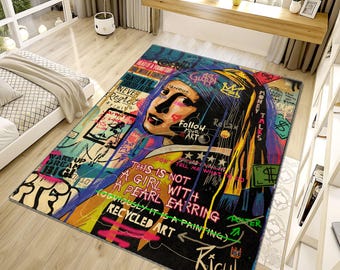 Popart Rug, Street Art Rug, Garffity Rug, Pearl Earring Girl, Area Rug,Living Room Rug,Modern Rug,Personalized Rug,Popular Rug, Colorful Rug