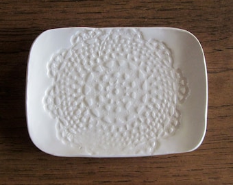 Creamy White lace ceramic soap or butter dish