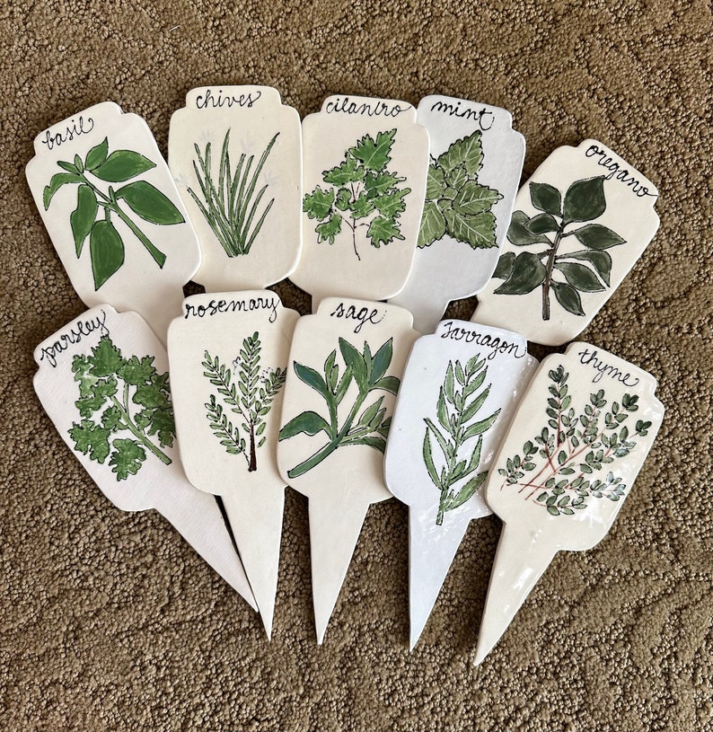 Set of 6 Herb Markers, Plant stakes, Ceramic Herb Markers, Plant markers image 1