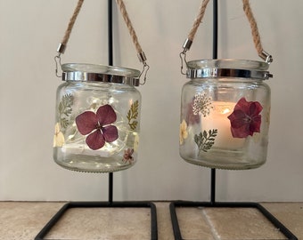 Hanging pressed flower lanterns, Pair of Dried Flower Lantern, pressed flower candle holder, Set of 2