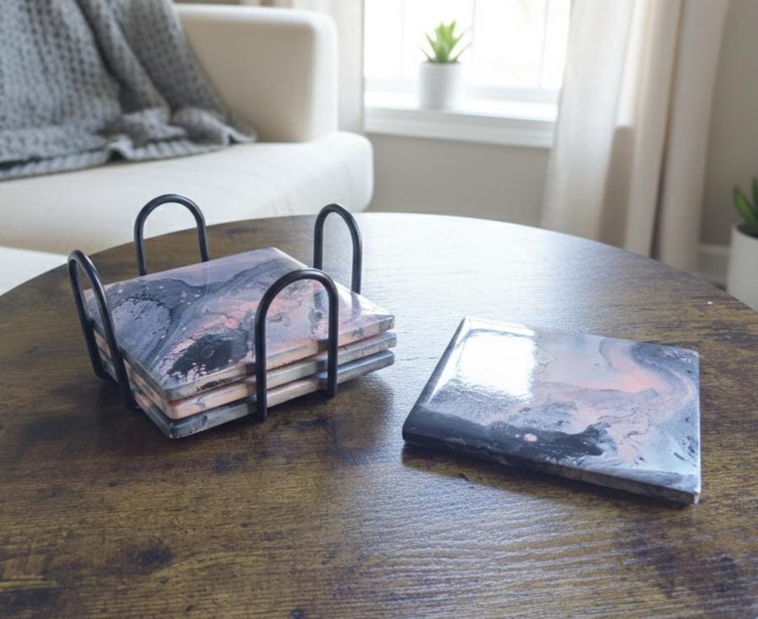 Pink Coaster Set Set of 4 Pink & Gray Coasters With Holder, Marbled Acrylic Coaster Set ...