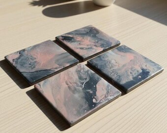 Pink & Gray Marbled Coasters, Ceramic Coaster Set of 4, Modern Coffee Table Decor