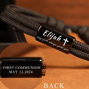 Confirmation gift for boys,Gift for First Communion Personalized Engraved adjustable Bracelet Black,Religious jewelry,christian gift for him