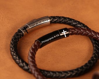 Personalized Christian Leather Bracelet,Custom Inspirational Bible Verse Bracelet,Gift for him,Religious jewelry,First Communion gift