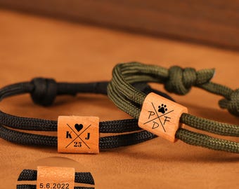 Personalized Initial engraving bracelet,Custom wooden Adjustable Bracelet,Mens bracelet Gift for Husband BF,Anniversary Gift,Couple bracelet