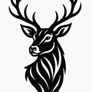 May include: A monochrome illustration of a deer's head and antlers. The deer is rendered in a graphic style, with bold lines and a minimalist design. The antlers are a key feature, and the artwork is suitable for wall decor.