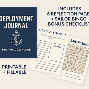 Może przedstawiać: Granatowy dziennik rozmieszczenia do pobrania cyfrowego z grafiką kotwicy. Zawiera 8 stron refleksji, grę Sailor Bingo i dodatkową listę kontrolną. Do druku i wypełnienia.