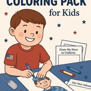 Könnte beinhalten: Ein Malpaket für Kinder mit dem Text "Deployment Coloring Pack for Kids". Das Bild zeigt ein Kind, das ein Bild einer Person in Uniform ausmalt. Das Kind trägt ein rotes Hemd mit einem amerikanischen Flaggenaufnäher. Buntstifte und Erkennungsmarken sind ebenfalls zu sehen.
