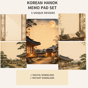 May include: A Korean Hanok memo pad set featuring 5 unique designs with lined paper. The illustrations depict traditional architecture, lanterns, pine trees, a full moon, and a desk with books. Text includes KOREAN HANOK MEMO PAD SET, 5 UNIQUE DESIGNS, DIGITAL DOWNLOAD, and INSTANT DOWNLOAD.