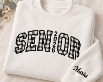 Personalized Senior 2027 Gingham Applique Mock Neck Sweatshirt, Custom Embroidered Name Sleeve Top Senior Gift, Back To School Apparel
