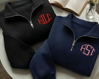 Custom Embroidered Quarter Zip Sweatshirt, Custom Monogrammed Sweatshirt, Personalized Monogram Sweatshirt, Preppy Style Personalized Gift