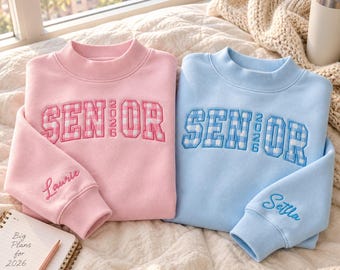 Personalized Senior 2027 Gingham Applique Mock Neck Sweatshirt, Custom Embroidered Name Sleeve Top Senior Gift, Back To School Apparel