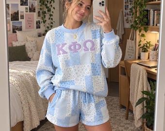 Personalized Gingham Applique Floral Fleece Mock Neck Sweatshirt Set, Custom Embroidered Text College Game Day Wear, Back To School Apparel