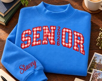 Personalized Senior 2027 Gingham Applique Mock Neck Sweatshirt, Custom Embroidered Name Sleeve Top Senior Gift, Back To School Apparel