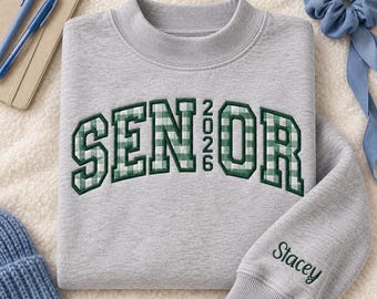 Personalized Senior 2027 Gingham Applique Mock Neck Sweatshirt, Custom Embroidered Name Sleeve Top Senior Gift, Back To School Apparel