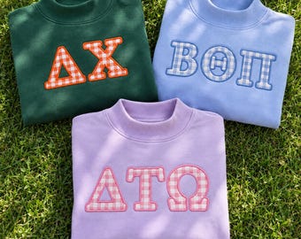 Personalized Gingham Applique Mock Neck Sweatshirt Set, Custom Embroidered Greek Letters, College Game Day Outfit, Back To School Apparel
