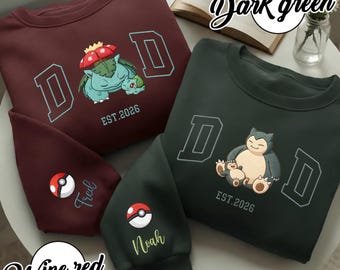 Bluza z haftowanym nadrukiem PokeDad z zamkiem błyskawicznym ćwierć, spersonalizowany sweter unisex z postaciami z anime, koszulka inspirowana Pokemonami, prezent na Dzień Ojca