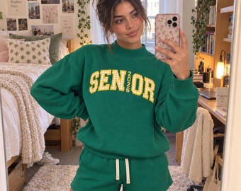 Personalized Senior 2027 Gingham Applique Mock Neck Sweatshirt, Custom Embroidered Name Sleeve Top Senior Gift, Back To School Apparel