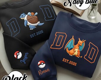 Bluza z haftowanym nadrukiem PokeDad z zamkiem błyskawicznym ćwierć, spersonalizowany sweter unisex z postaciami z anime, koszulka inspirowana Pokemonami, prezent na Dzień Ojca