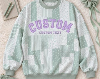 Personalized Gingham Applique Floral Fleece Mock Neck Sweatshirt Set, Custom Embroidered Text College Game Day Wear, Back To School Apparel