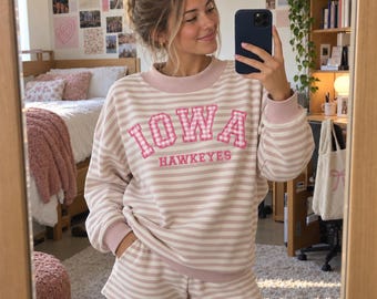 Personalized Gingham Applique Striped Mock Neck Sweatshirt Set, Custom Embroidered Text Top, College Game Day Outfit, Back To School Apparel