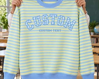 Personalized Gingham Applique Striped Mock Neck Sweatshirt Set, Custom Embroidered Text Top, College Game Day Outfit, Back To School Apparel
