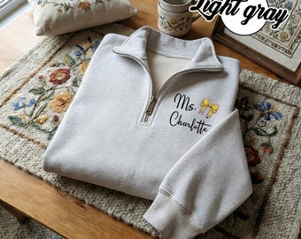 Icon & Name Embroidered Quarter Zip Sweatshirt, Personalized Quarter Zip Sweatshirt, Thoughtful Gift for Teacher, Cozy Custom Sweatshirt