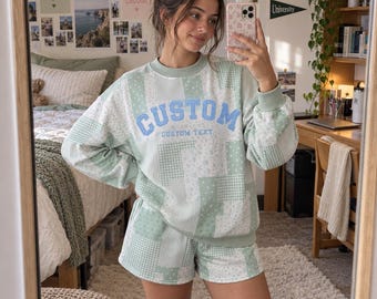 Personalized Gingham Applique Floral Fleece Mock Neck Sweatshirt Set, Custom Embroidered Text College Game Day Wear, Back To School Apparel