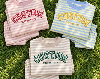 Personalized Gingham Applique Striped Mock Neck Sweatshirt Set, Custom Embroidered Text Top, College Game Day Outfit, Back To School Apparel