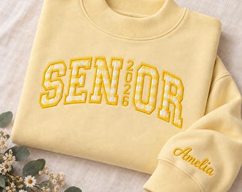 Personalized Senior 2027 Gingham Applique Mock Neck Sweatshirt, Custom Embroidered Name Sleeve Top Senior Gift, Back To School Apparel