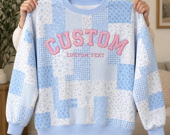 Personalized Gingham Applique Floral Fleece Mock Neck Sweatshirt Set, Custom Embroidered Text College Game Day Wear, Back To School Apparel