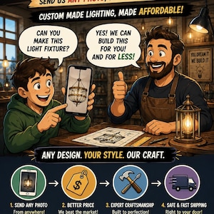 May include: An illustrated advertisement featuring two people discussing custom lighting. Text includes: SEE A LIGHT YOU LOVE? WE CAN BUILD IT FOR YOU! SEND US ANY PHOTO, WE'LL MAKE IT HAPPEN! CUSTOM MADE LIGHTING, MADE AFFORDABLE! ANY DESIGN. YOUR STYLE. OUR CRAFT.